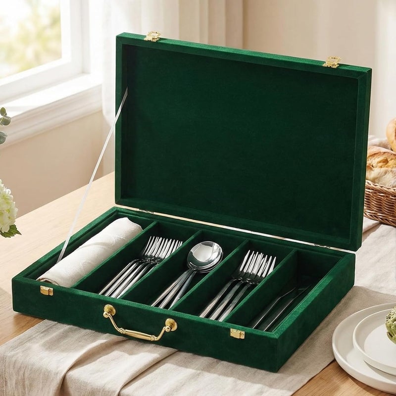 Pickmesh Silverware Case with Lid and Handle, Silverware Storage Box Sterling Silver Flatware Chest Without Silver Tarnish Proof Utensils Organizer for Kitchen Decor Wedding Gifts(Emerald,1 Layer) - Image 1
